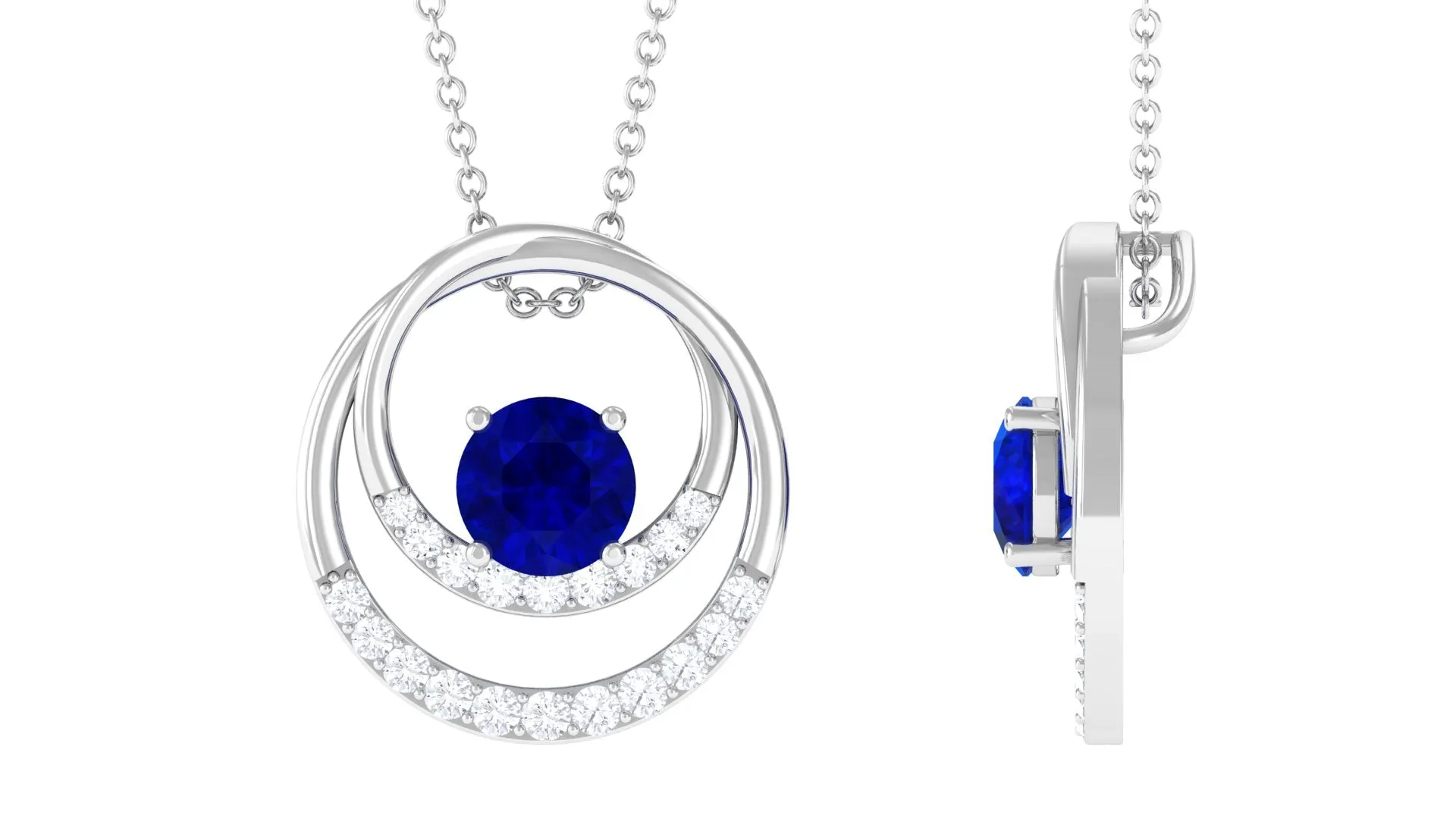 Certified Created Blue Sapphire and Moissanite Open Circle Pendant in Gold