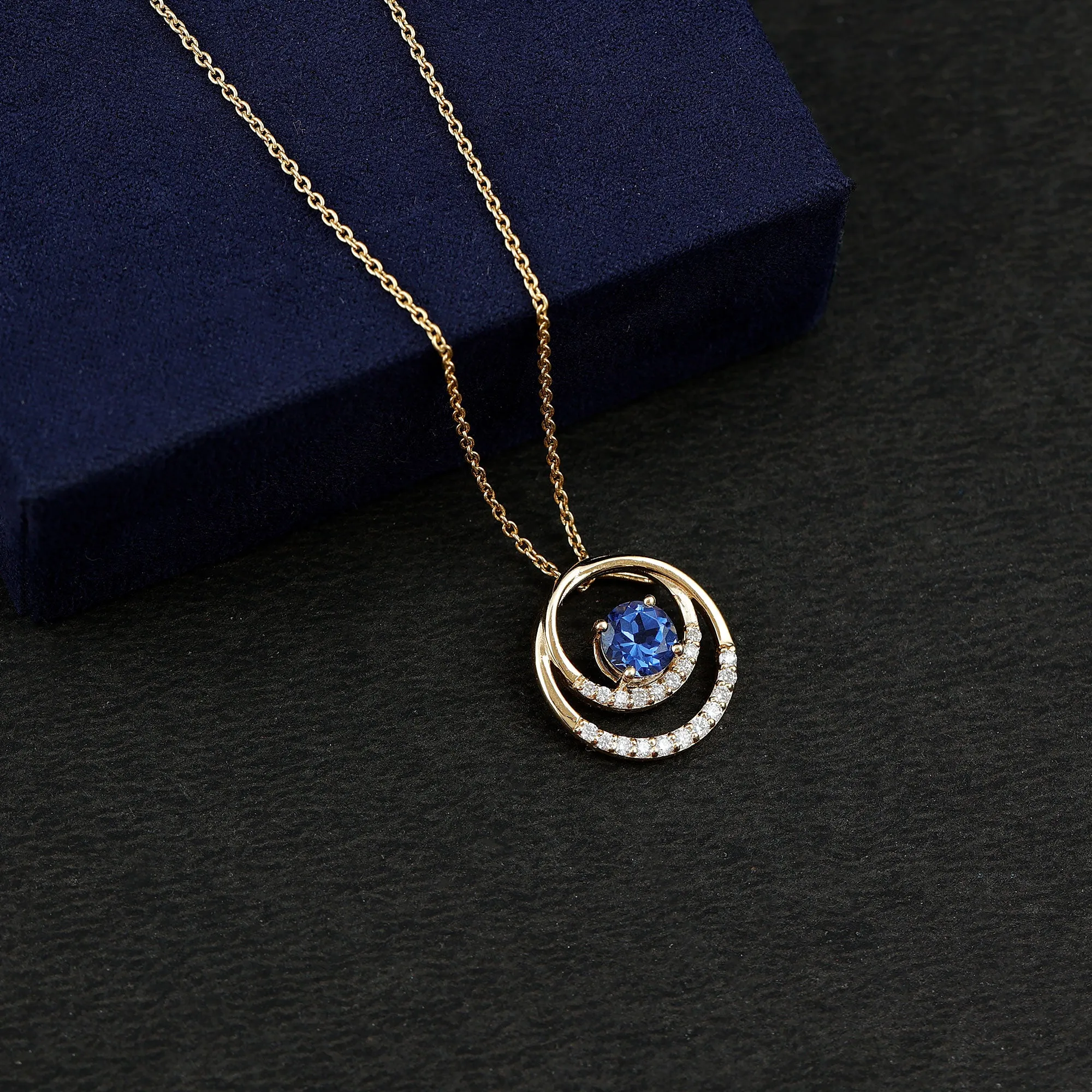 Certified Created Blue Sapphire and Moissanite Open Circle Pendant in Gold