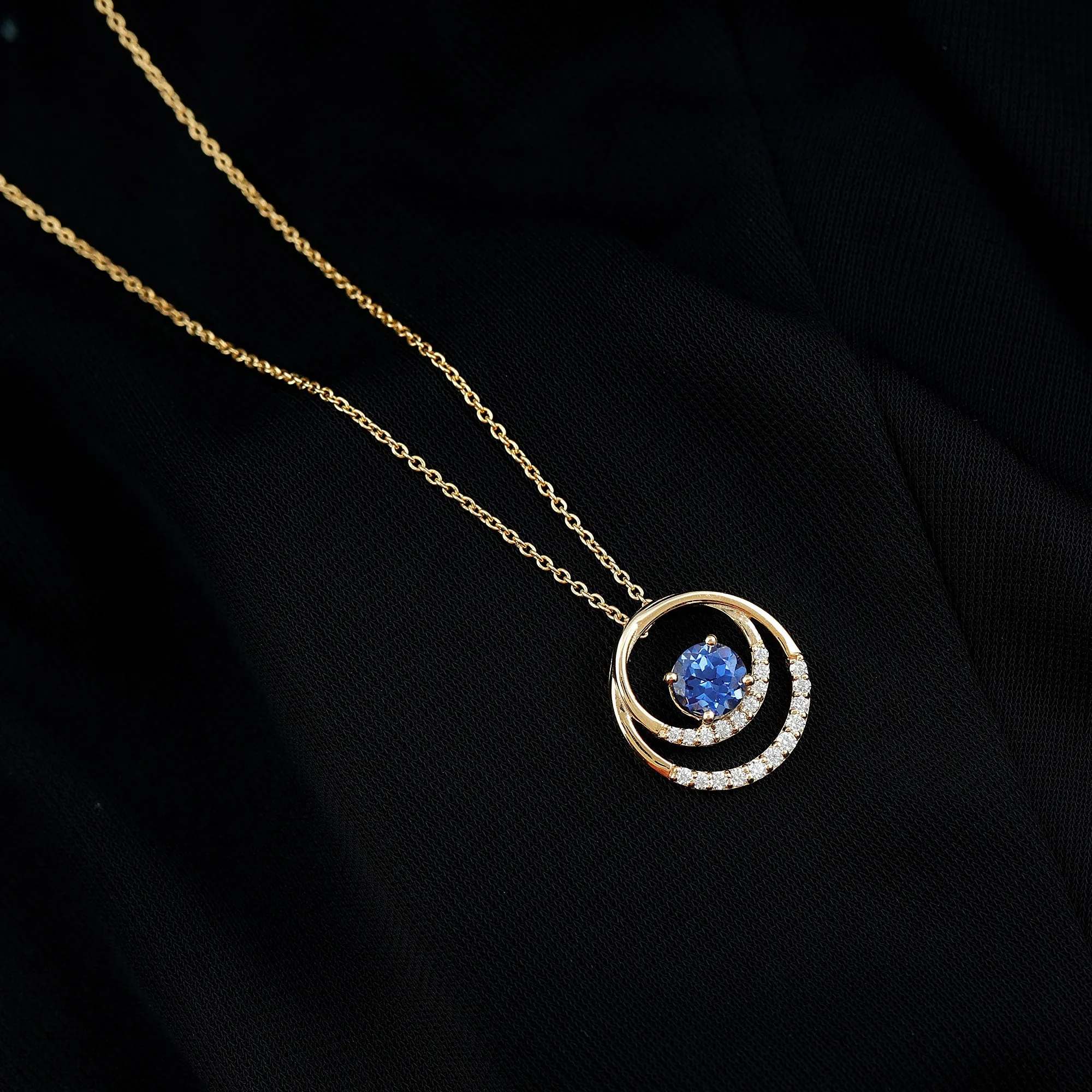 Certified Created Blue Sapphire and Moissanite Open Circle Pendant in Gold