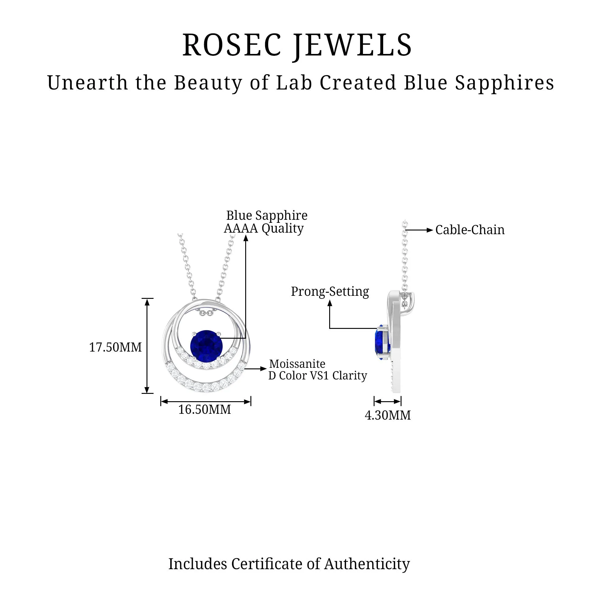 Certified Created Blue Sapphire and Moissanite Open Circle Pendant in Gold