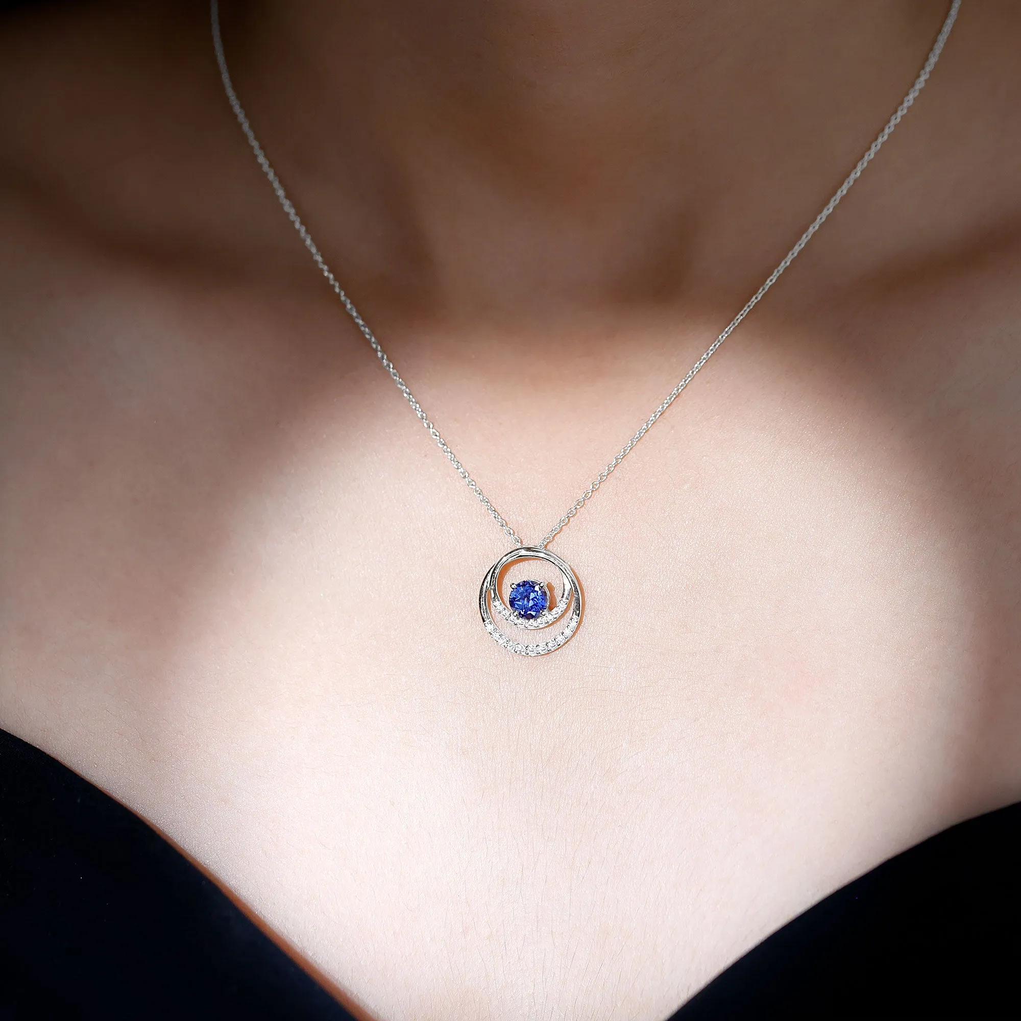 Certified Created Blue Sapphire and Moissanite Open Circle Pendant in Gold