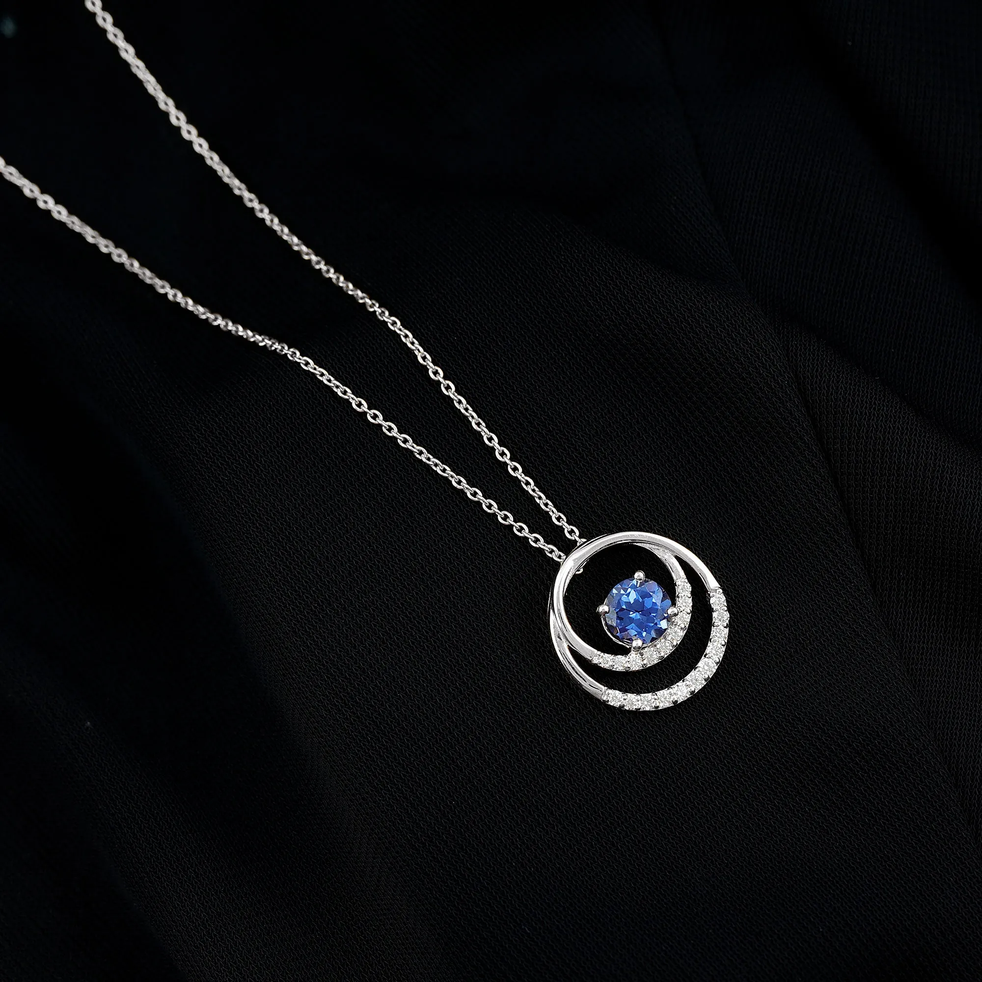 Certified Created Blue Sapphire and Moissanite Open Circle Pendant in Gold