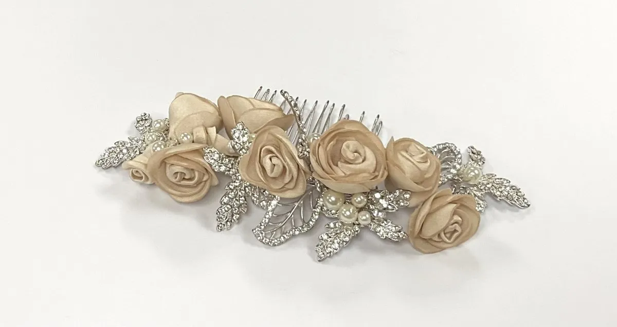 Champagne Flower Head Piece With Pearl & Rhinestone Detail