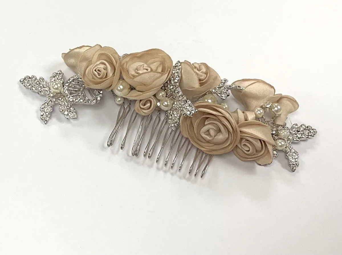 Champagne Flower Head Piece With Pearl & Rhinestone Detail