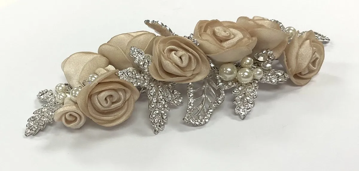 Champagne Flower Head Piece With Pearl & Rhinestone Detail
