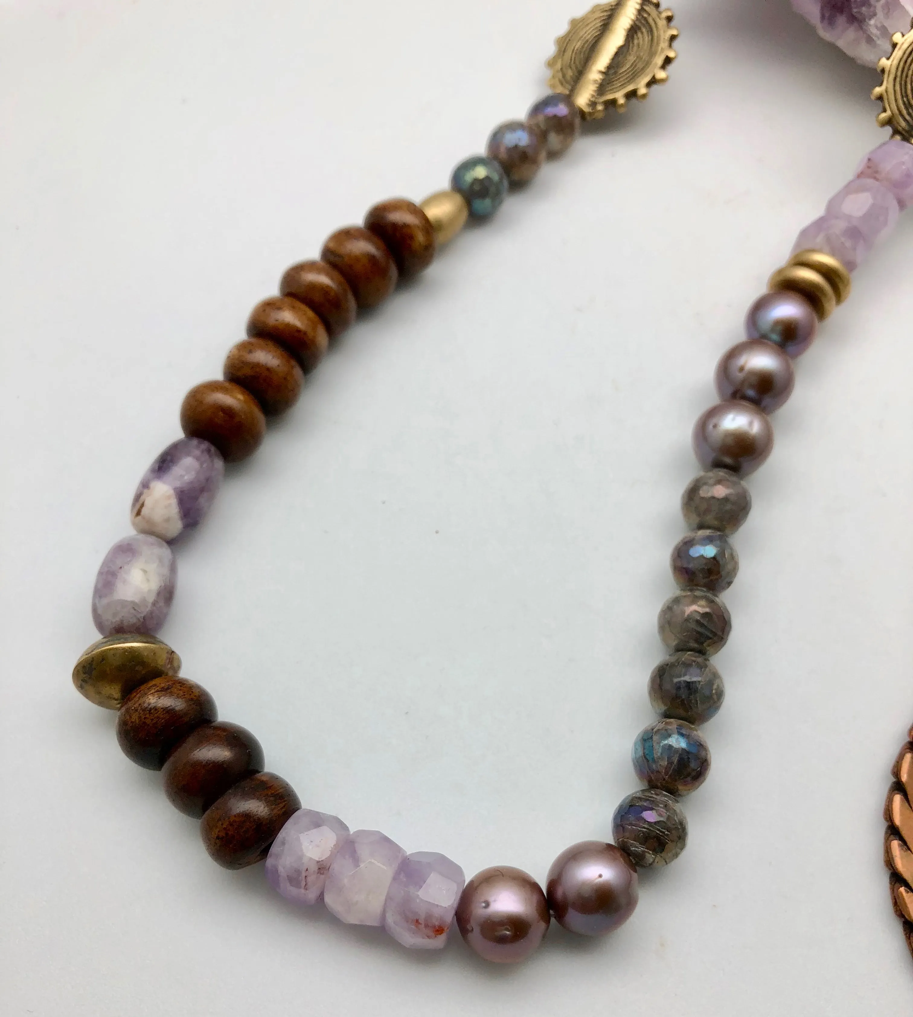 Cheryl Dufault Designs Amethyst Mala with Vintage Brass Chain and Pearls