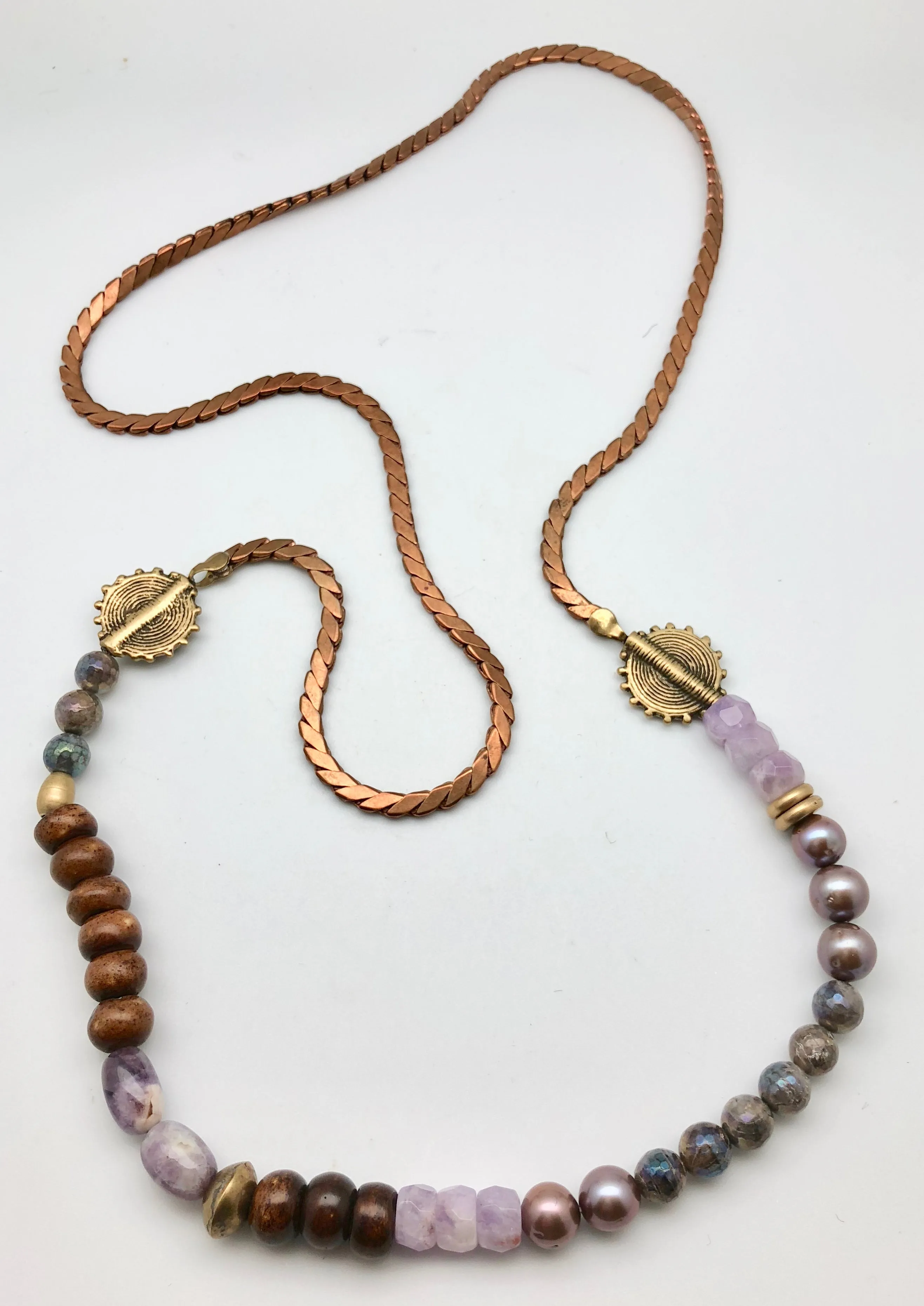 Cheryl Dufault Designs Amethyst Mala with Vintage Brass Chain and Pearls