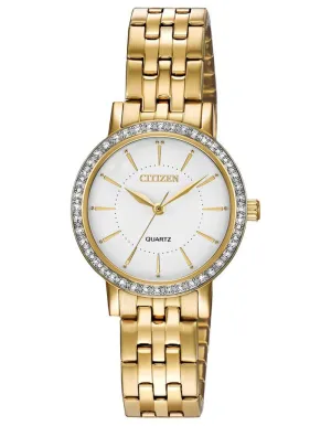 Citizen Quart Ladies Watch - Gold-Tone - Crystal Bezel -  White Dial - Bracelet