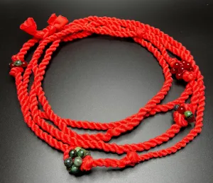 Coral Reclaimed Fabric Cordage Necklace with Carnelian and Green Jasper Beads
