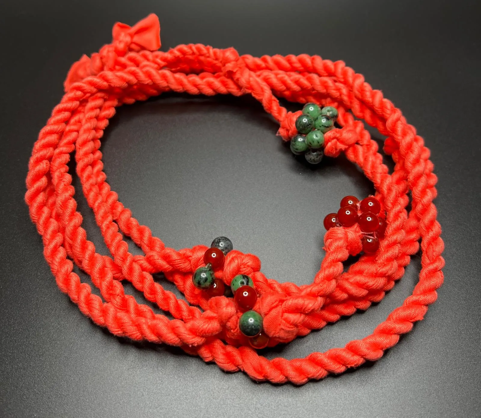 Coral Reclaimed Fabric Cordage Necklace with Carnelian and Green Jasper Beads