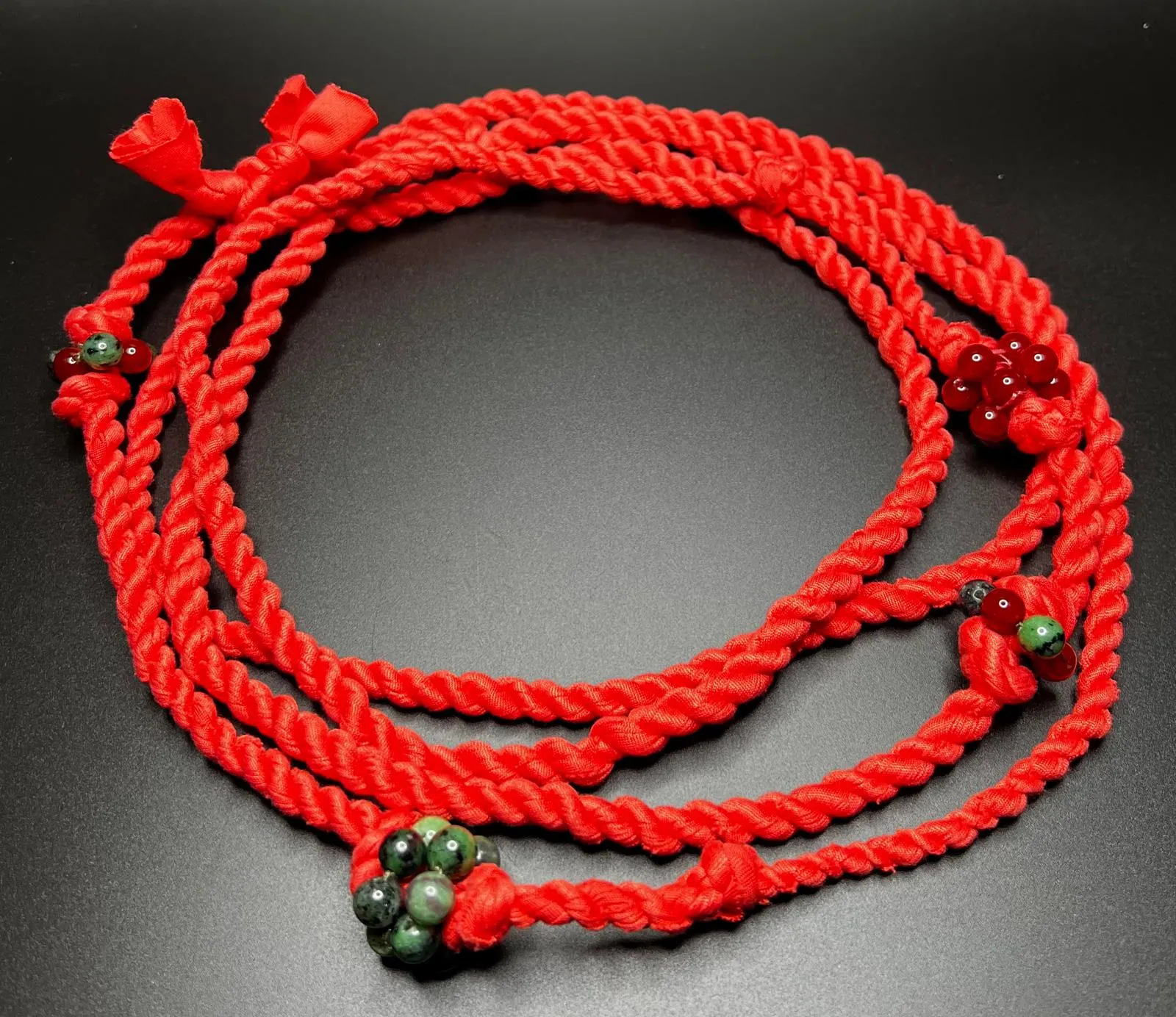 Coral Reclaimed Fabric Cordage Necklace with Carnelian and Green Jasper Beads