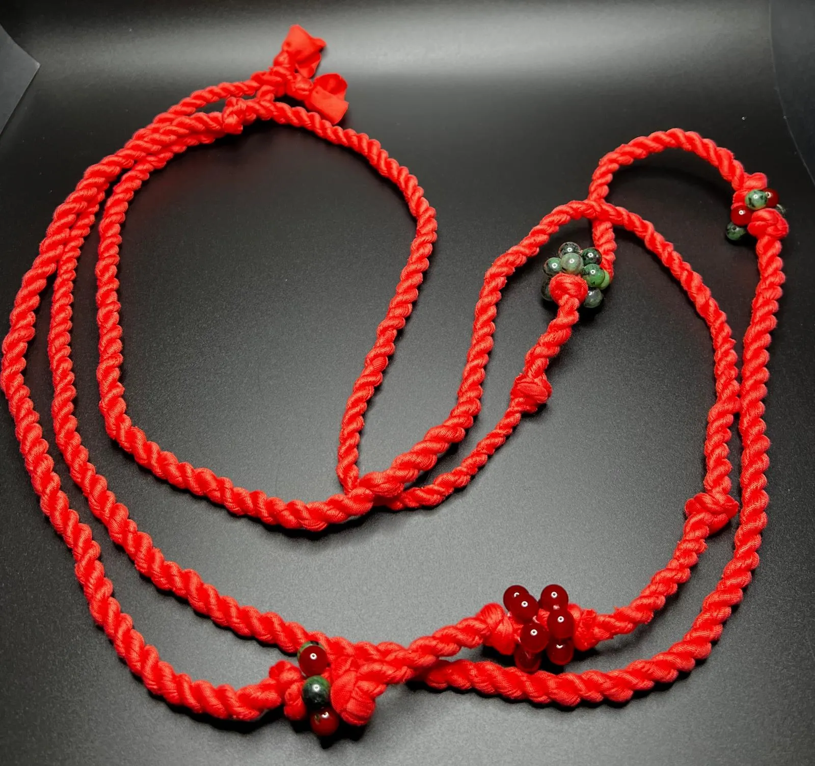 Coral Reclaimed Fabric Cordage Necklace with Carnelian and Green Jasper Beads