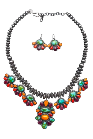 Coral, Spiny Oyster Shell, & Sonoran Gold Turquoise Necklace & Earring Set | Artisan Handmade
