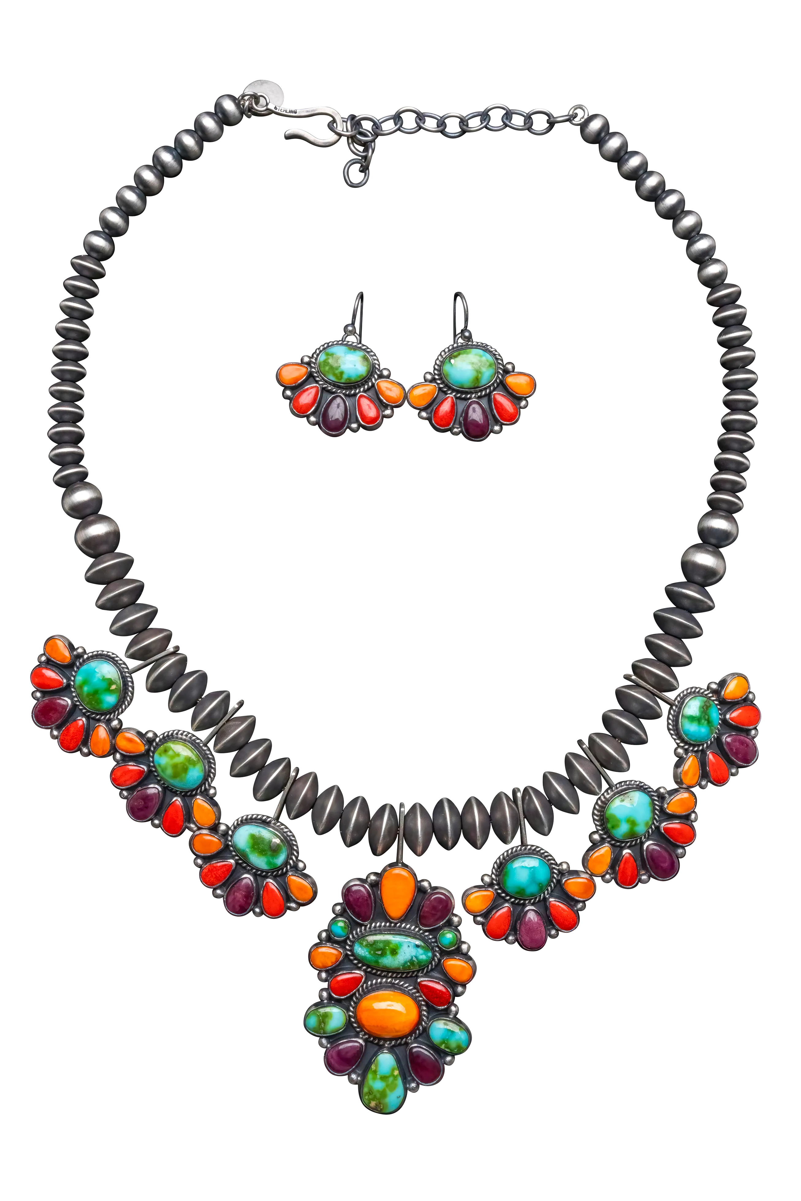 Coral, Spiny Oyster Shell, & Sonoran Gold Turquoise Necklace & Earring Set | Artisan Handmade