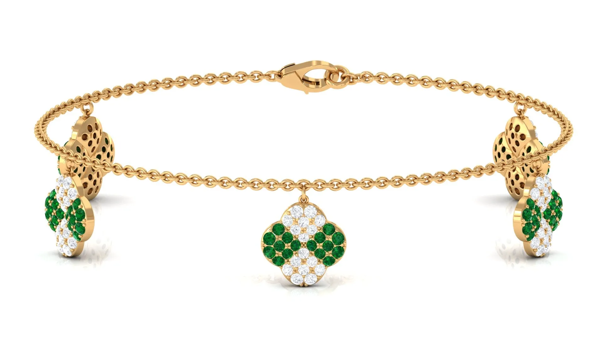 Created Emerald Floral Chain Charm Bracelet With Moissanite
