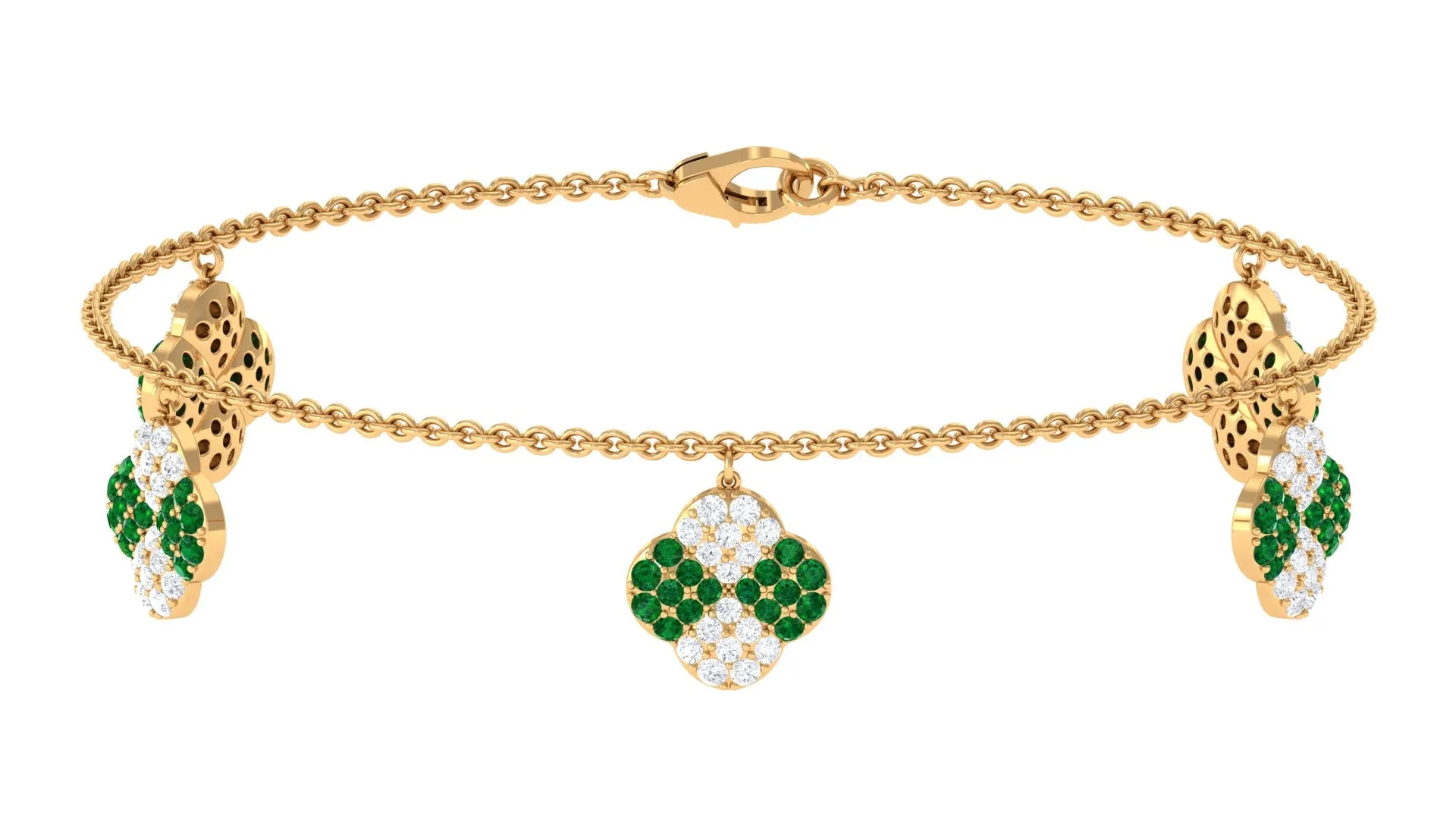 Created Emerald Floral Chain Charm Bracelet With Moissanite