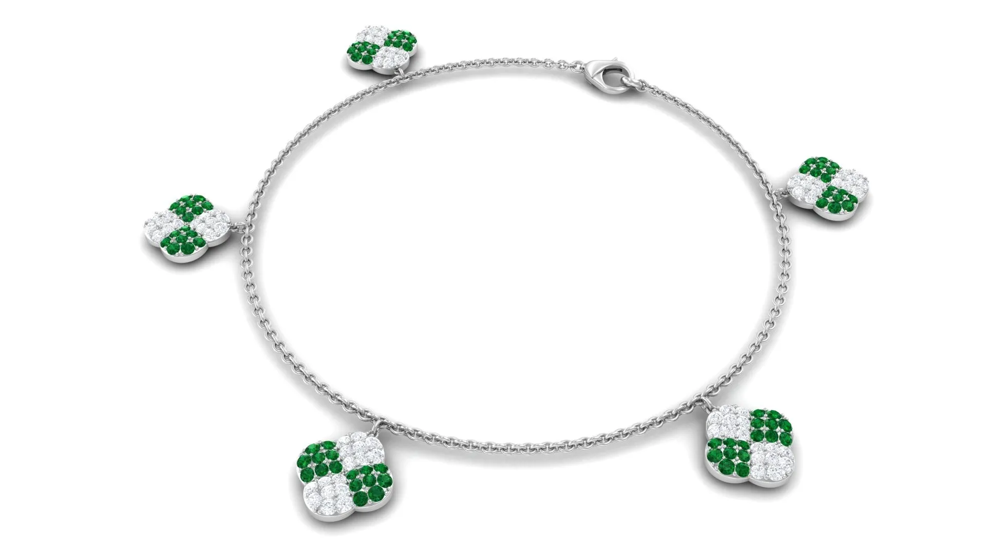 Created Emerald Floral Chain Charm Bracelet With Moissanite