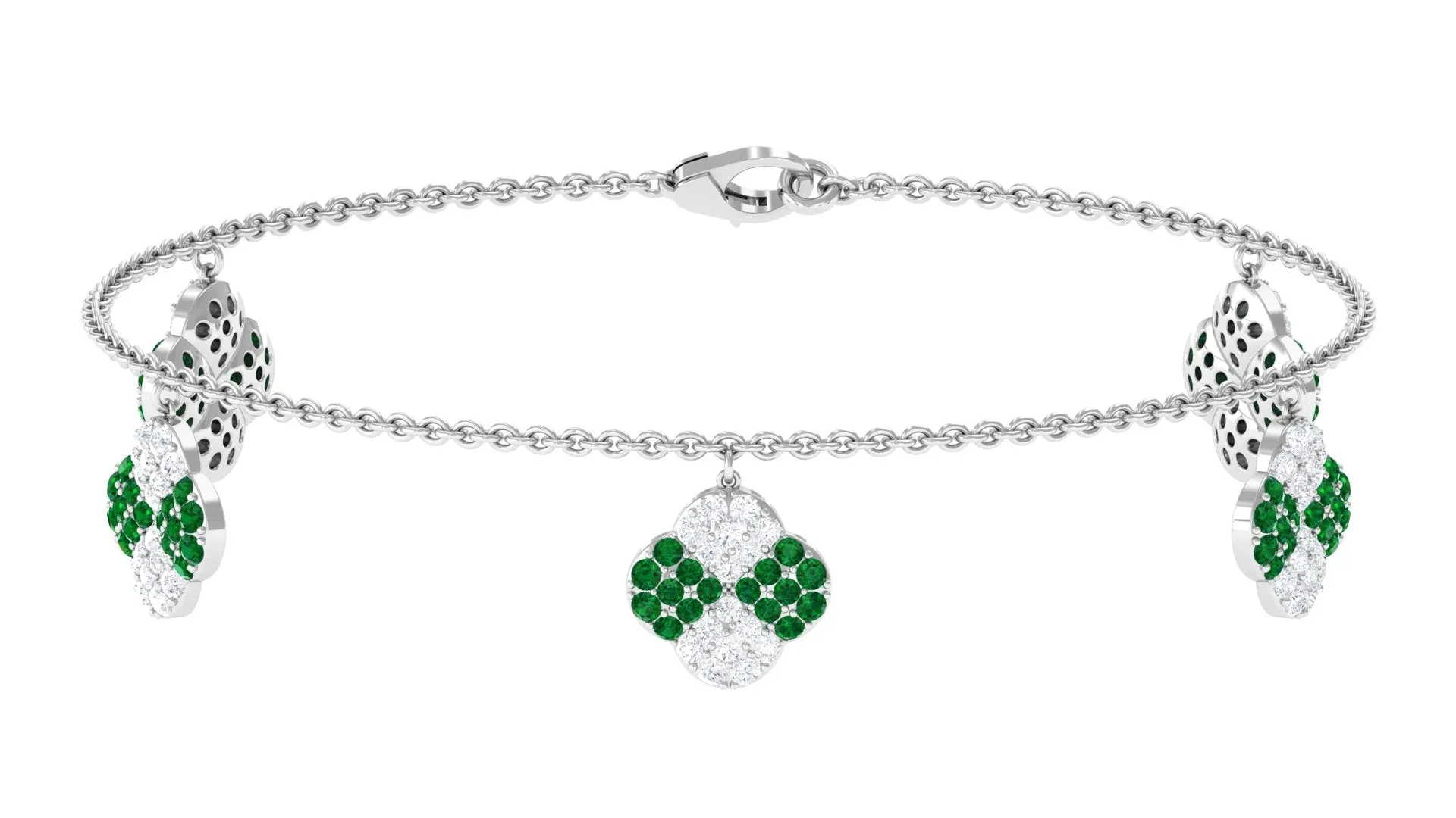 Created Emerald Floral Chain Charm Bracelet With Moissanite