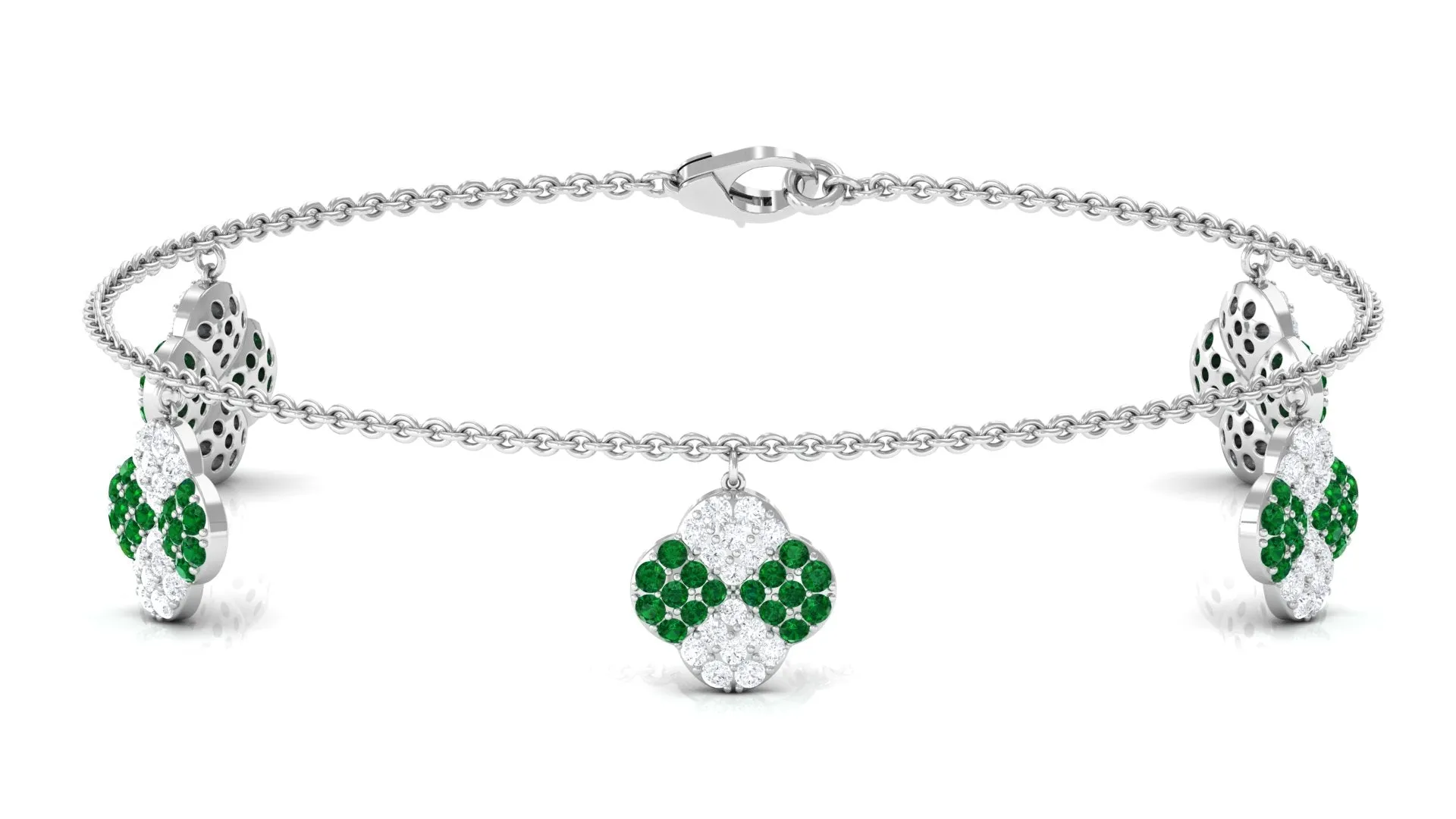 Created Emerald Floral Chain Charm Bracelet With Moissanite
