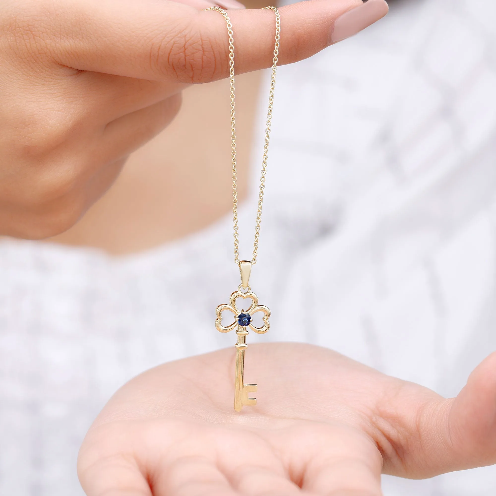 Cute Blue Sapphire Dangle Key Pendant Necklace