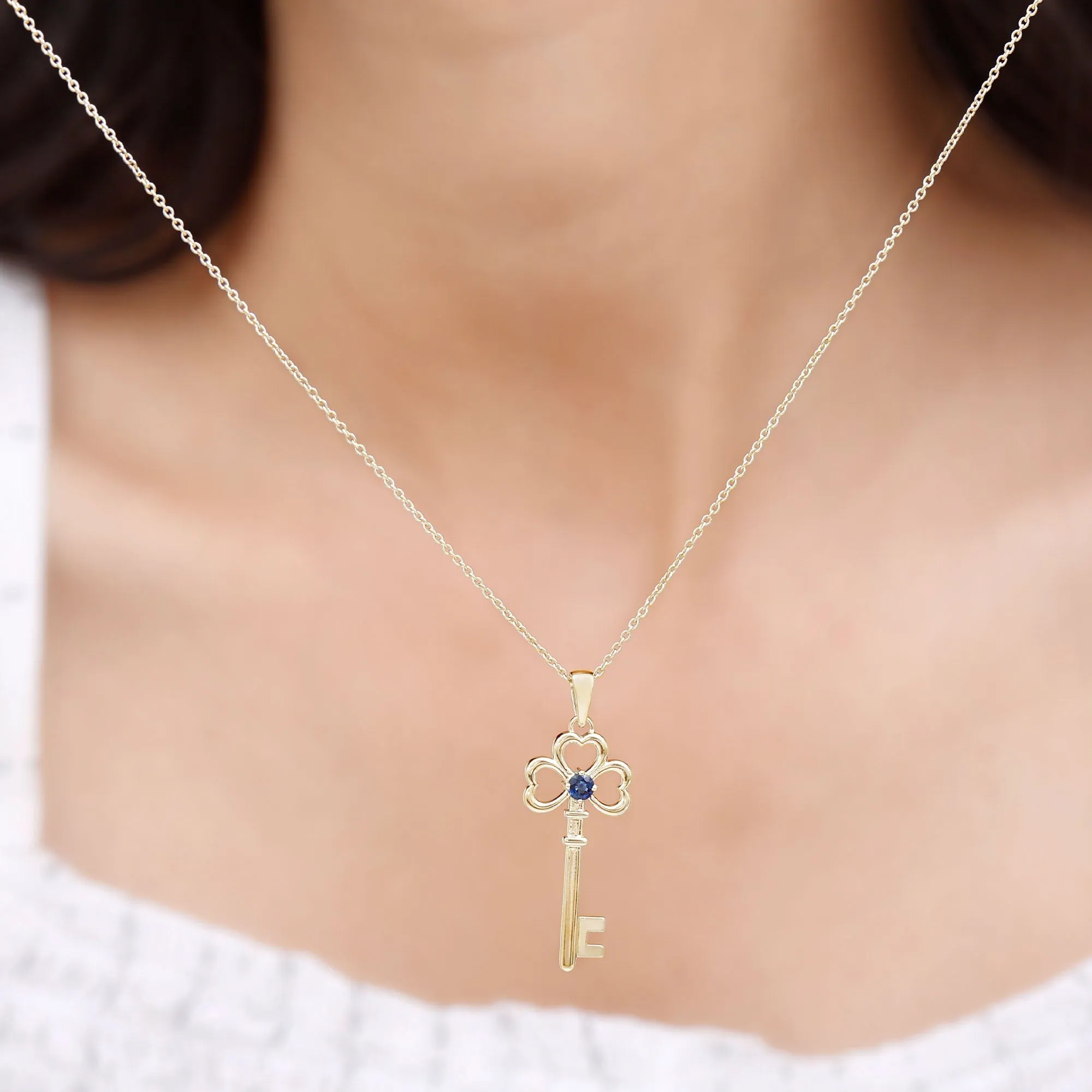 Cute Blue Sapphire Dangle Key Pendant Necklace