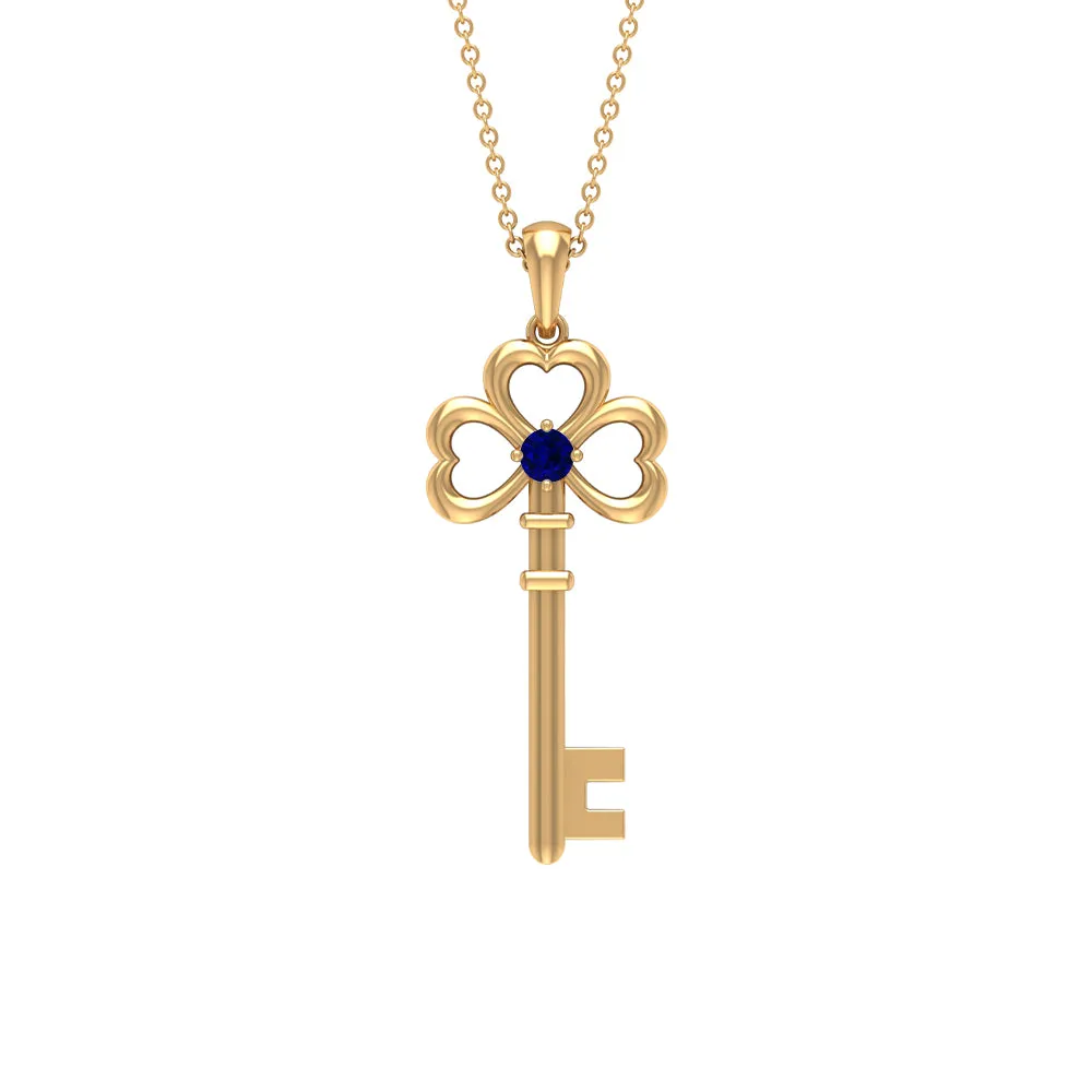 Cute Blue Sapphire Dangle Key Pendant Necklace