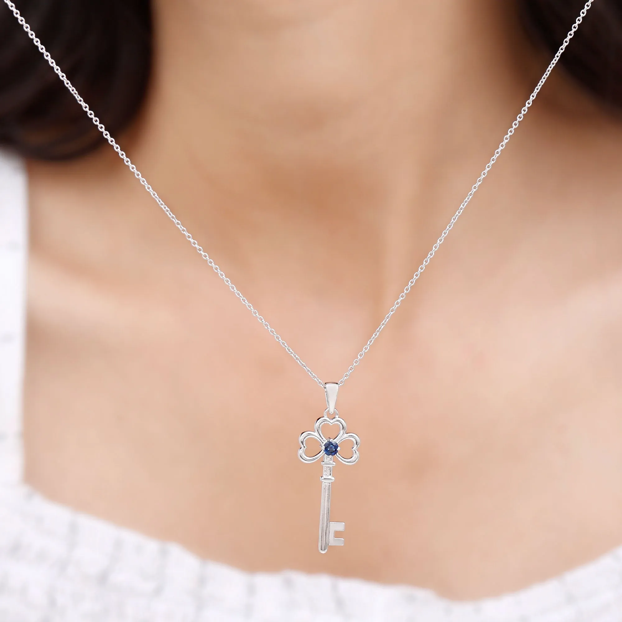 Cute Blue Sapphire Dangle Key Pendant Necklace