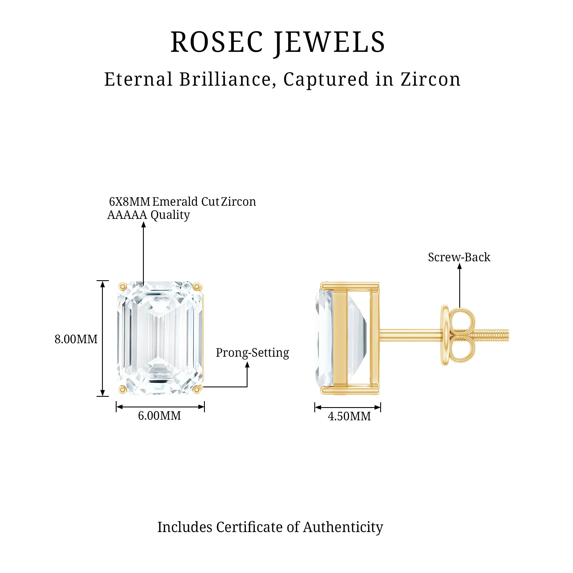 Emerald Cut Cubic Zirconia Solitaire Stud Earrings