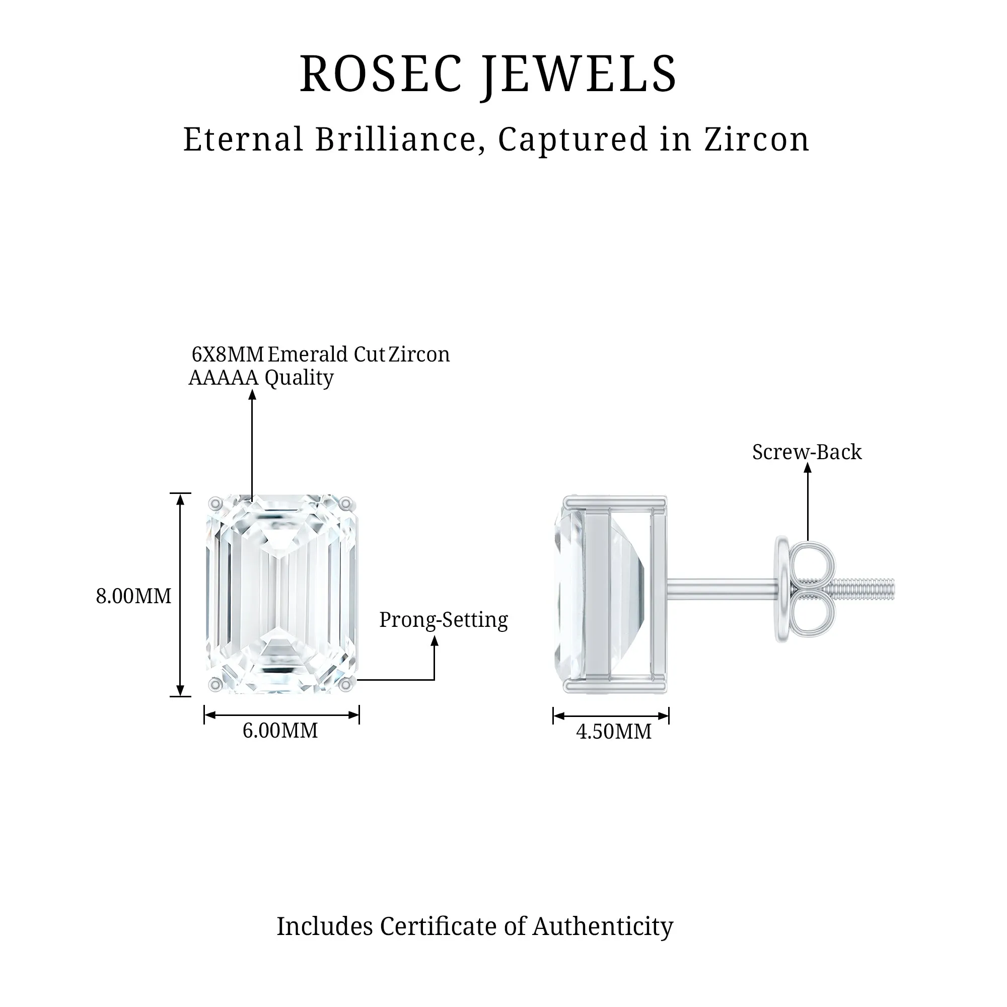 Emerald Cut Cubic Zirconia Solitaire Stud Earrings
