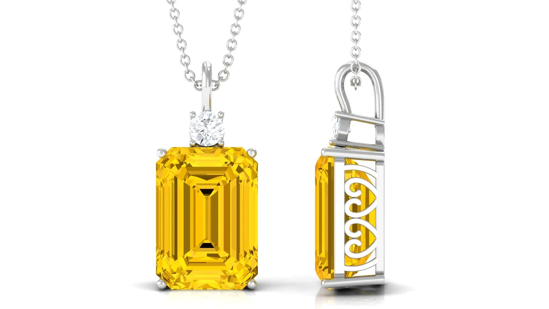 Emerald Cut Solitaire Created Yellow Sapphire Pendant with Moissanite