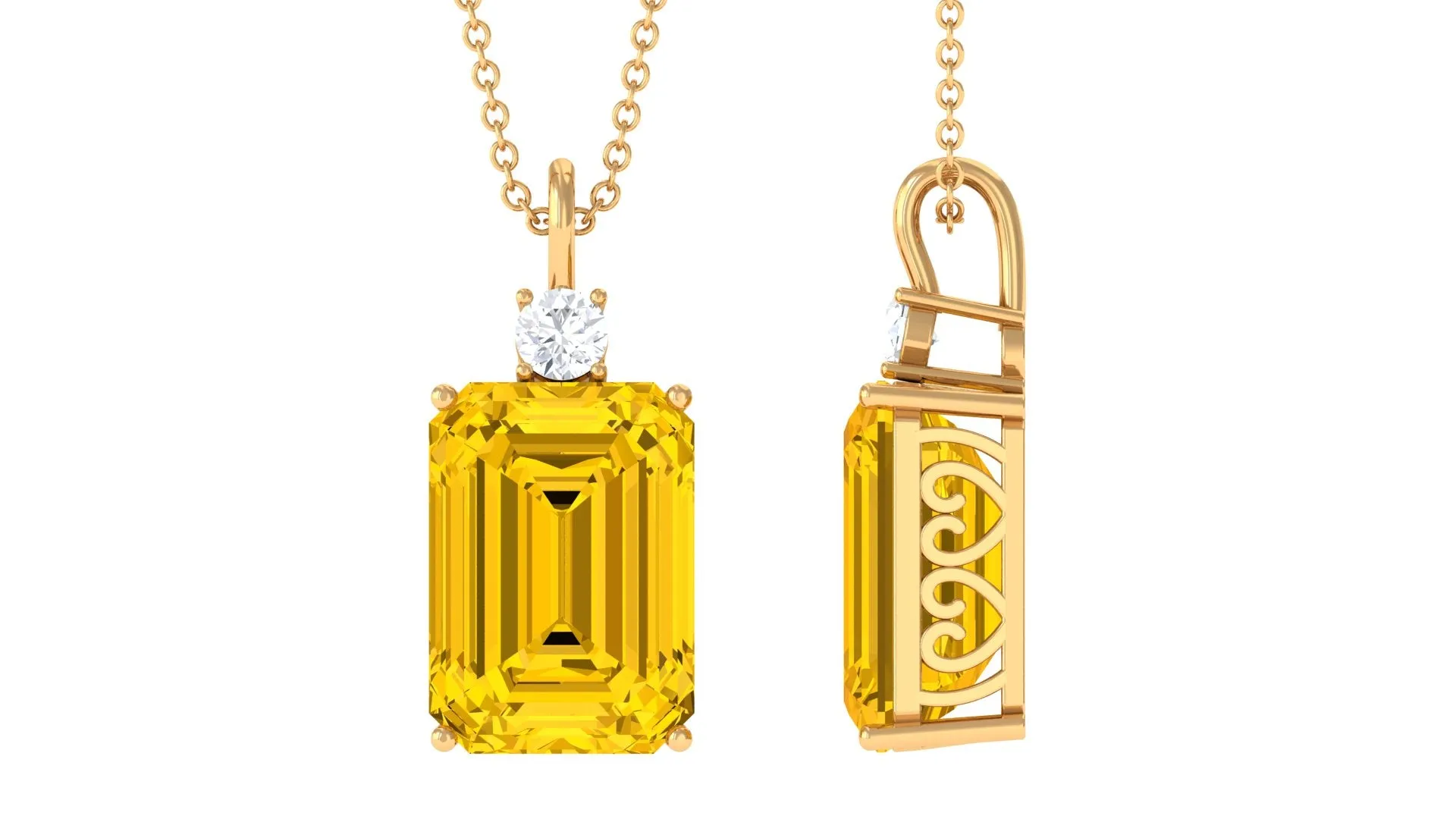 Emerald Cut Solitaire Created Yellow Sapphire Pendant with Moissanite