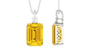 Emerald Cut Solitaire Created Yellow Sapphire Pendant with Moissanite