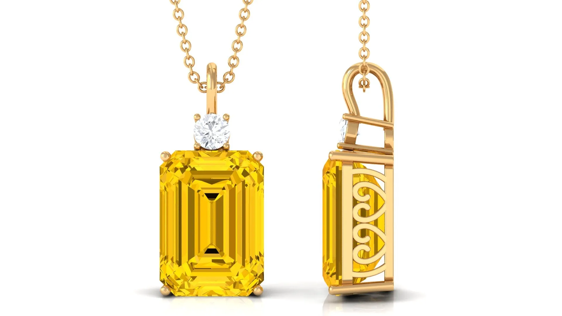 Emerald Cut Solitaire Created Yellow Sapphire Pendant with Moissanite