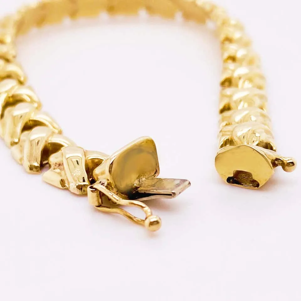 Fancy Link Bracelet, 14 Karat Yellow Gold, Handmade, Link Bracelet, Safety Latch