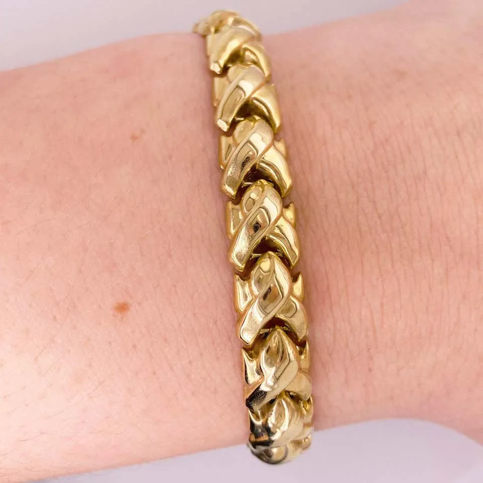 Fancy Link Bracelet, 14 Karat Yellow Gold, Handmade, Link Bracelet, Safety Latch