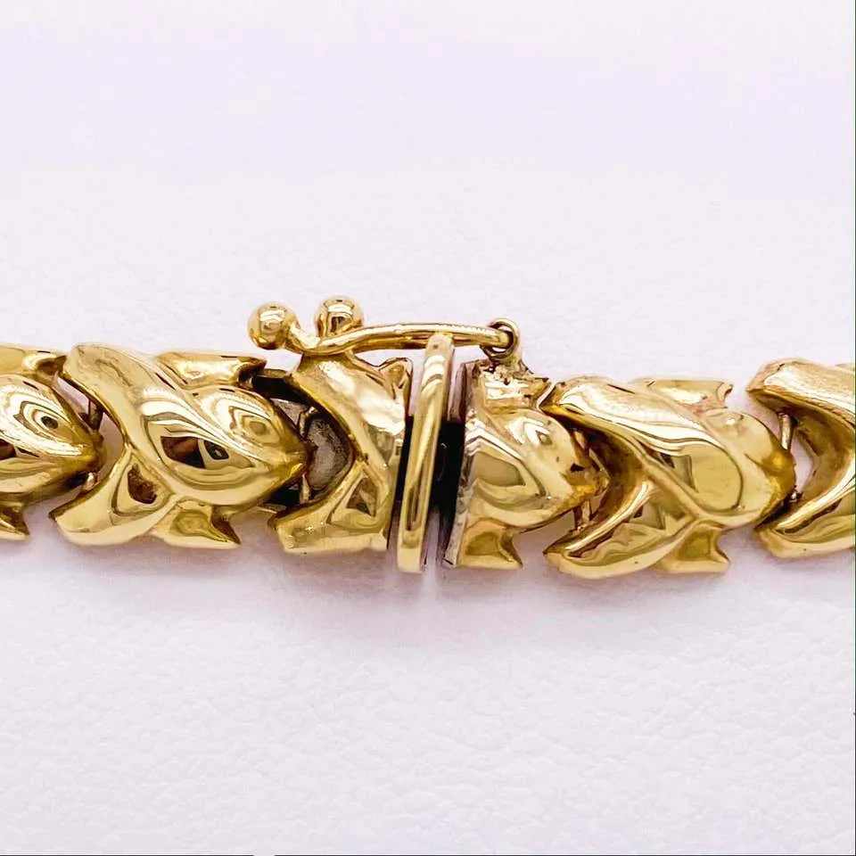 Fancy Link Bracelet, 14 Karat Yellow Gold, Handmade, Link Bracelet, Safety Latch