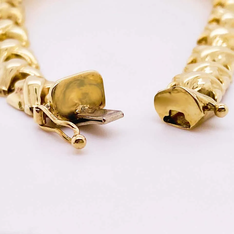 Fancy Link Bracelet, 14 Karat Yellow Gold, Handmade, Link Bracelet, Safety Latch