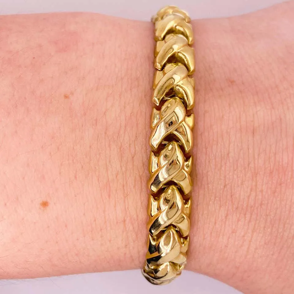 Fancy Link Bracelet, 14 Karat Yellow Gold, Handmade, Link Bracelet, Safety Latch