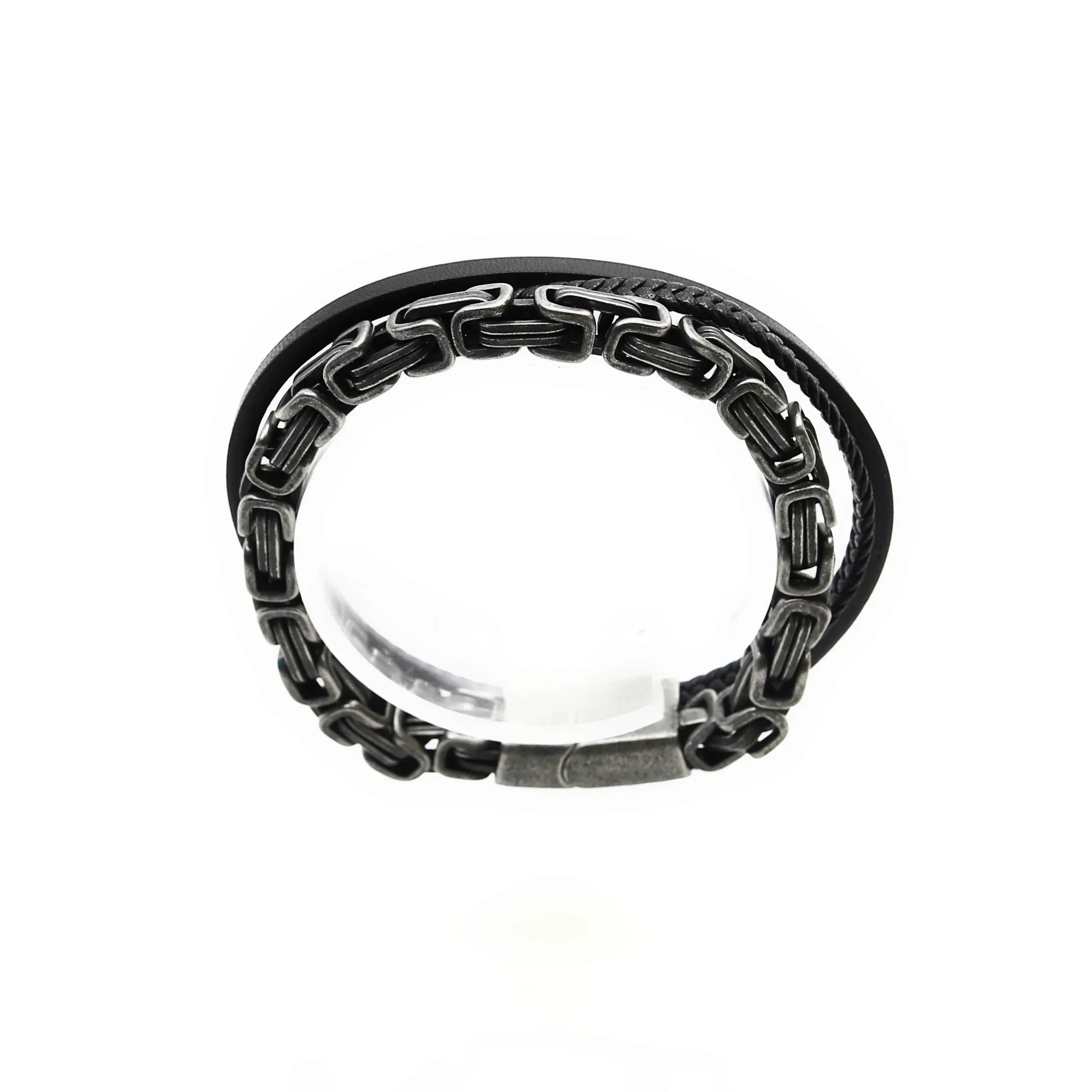 Floyd Steel & Cowhide Royal King Double Layer Chain Bracelet