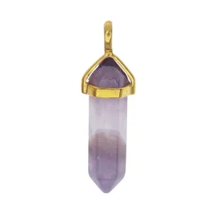 Gemstone Bullet Point Pendant, with Gold Tone Brass Findings 40x9mm, Amethyst (1 Piece)