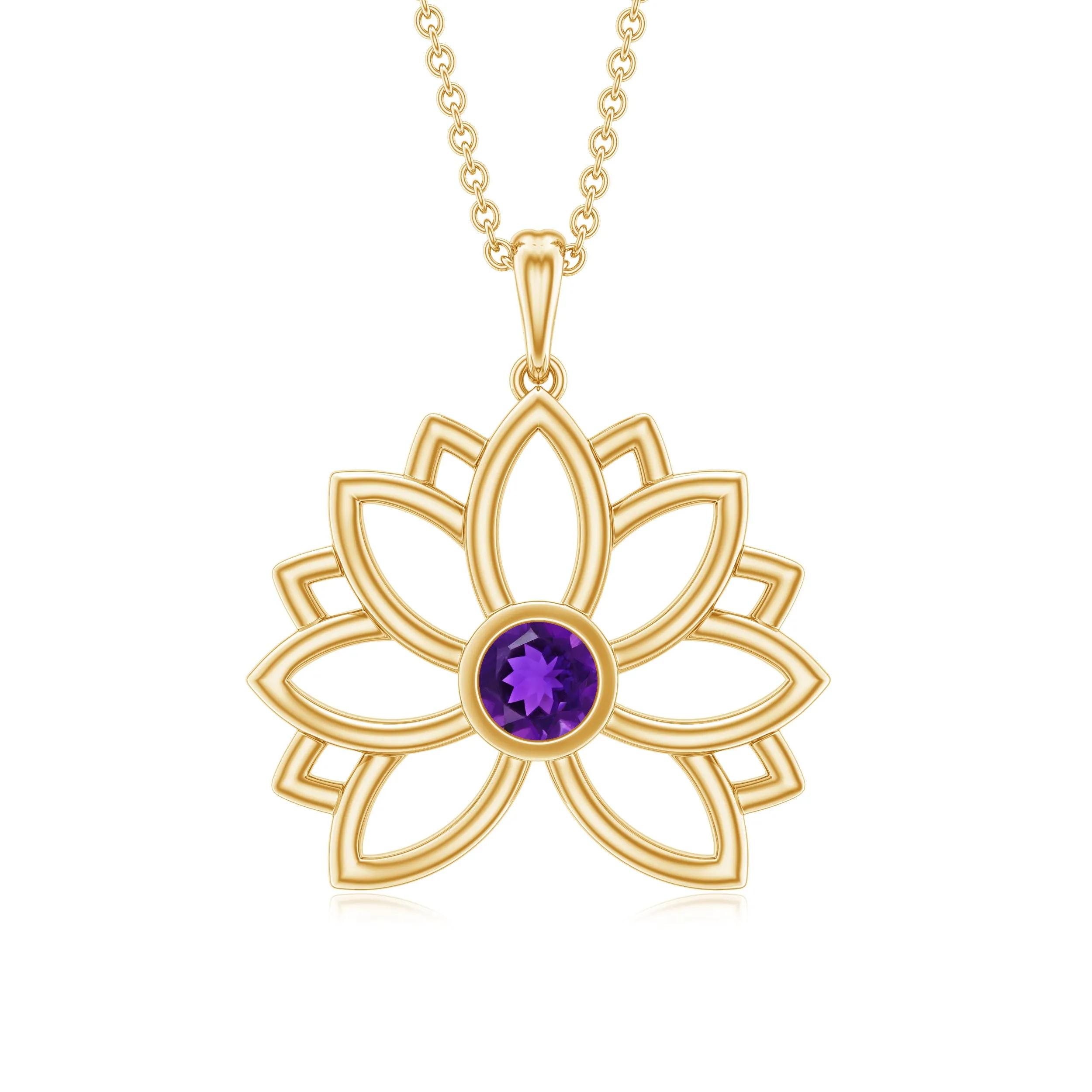 Gold Lotus Flower Solitaire Amethyst Pendant Necklace