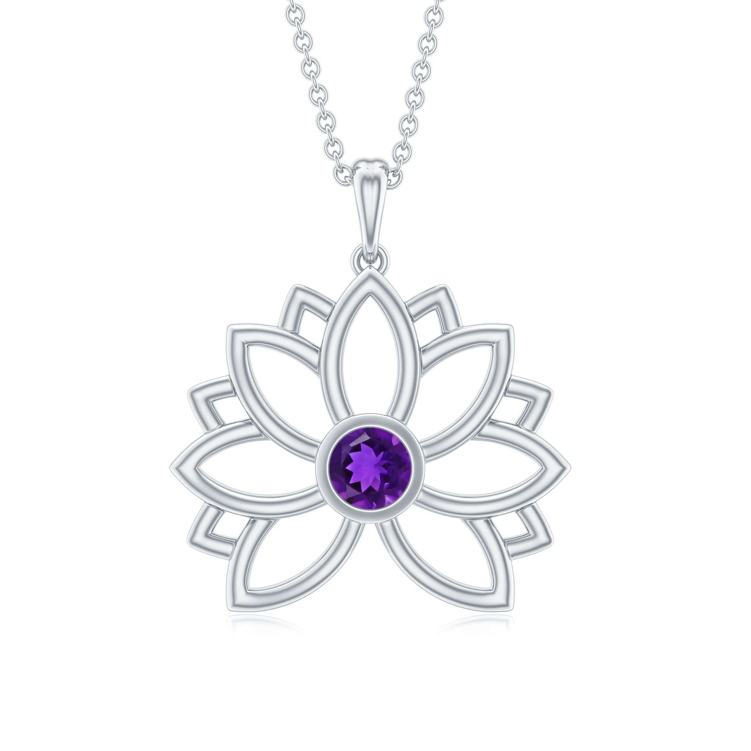 Gold Lotus Flower Solitaire Amethyst Pendant Necklace