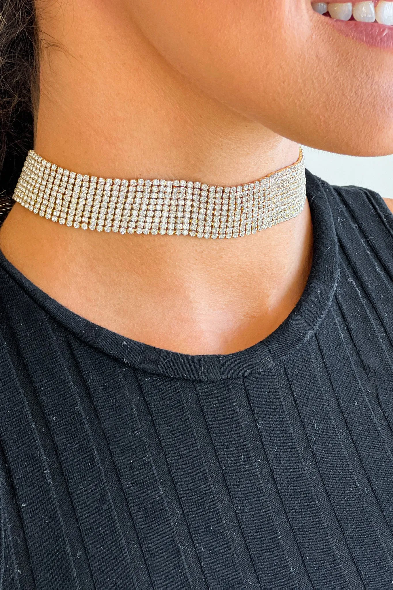 Gold Row Crystal Choker Chain Necklace