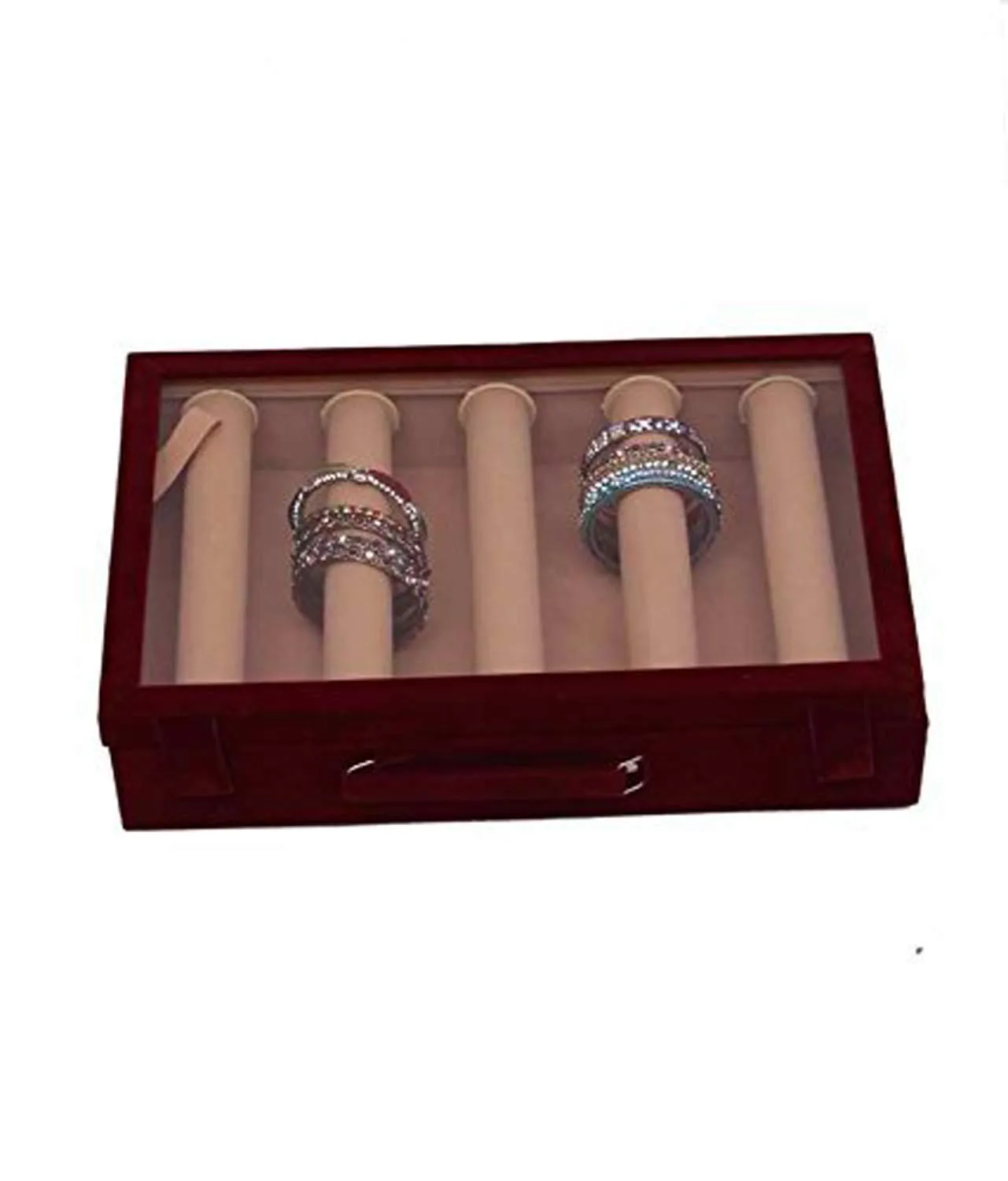 Heart Home Wooden 2 Piece Five Rod Transparent Velvet Bangle Storage Box, Maroon - CTHH13375,standard