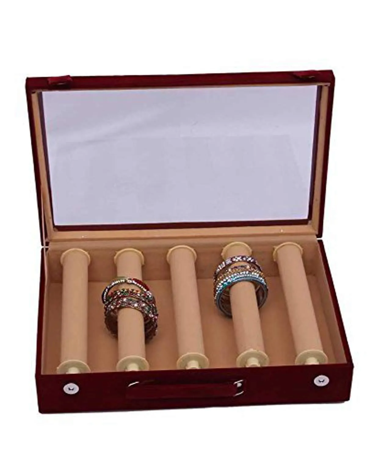 Heart Home Wooden 2 Piece Five Rod Transparent Velvet Bangle Storage Box, Maroon - CTHH13375,standard