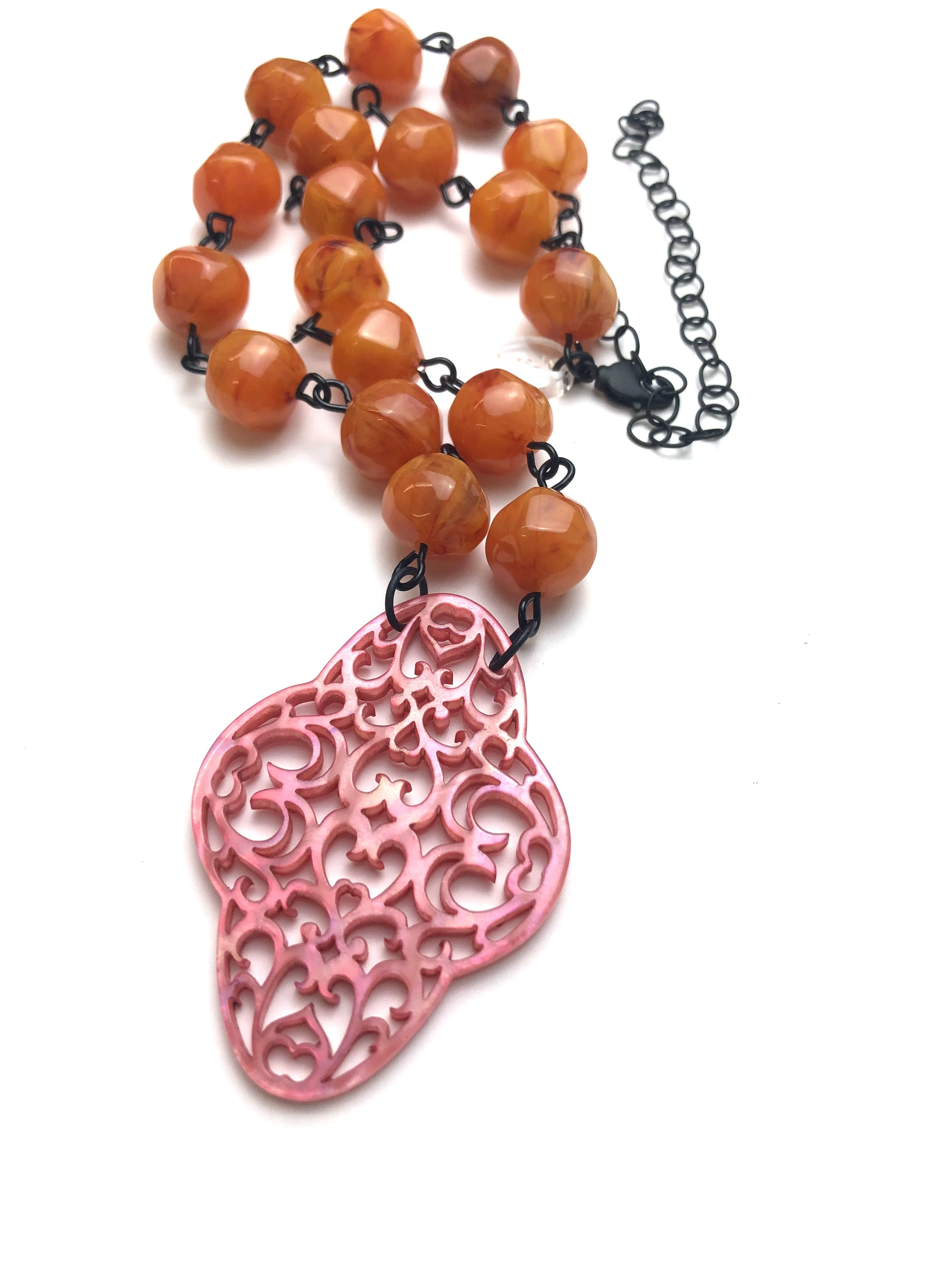 Honey Amber & Coral Boho Lace Beaded Aleta Necklace