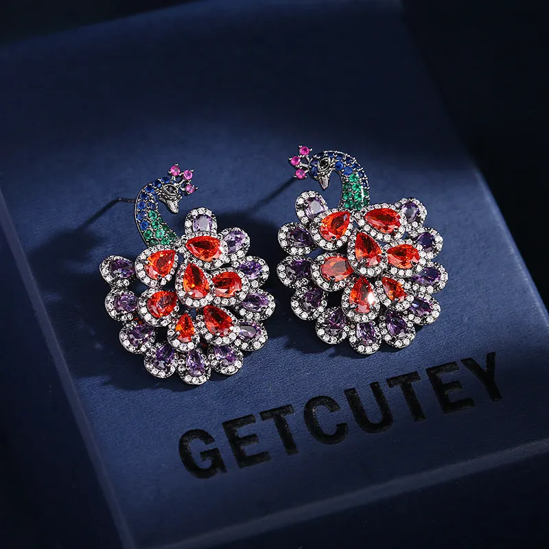 hot sale light luxury fashion jewelry colorful zircon inlaid peacock earrings