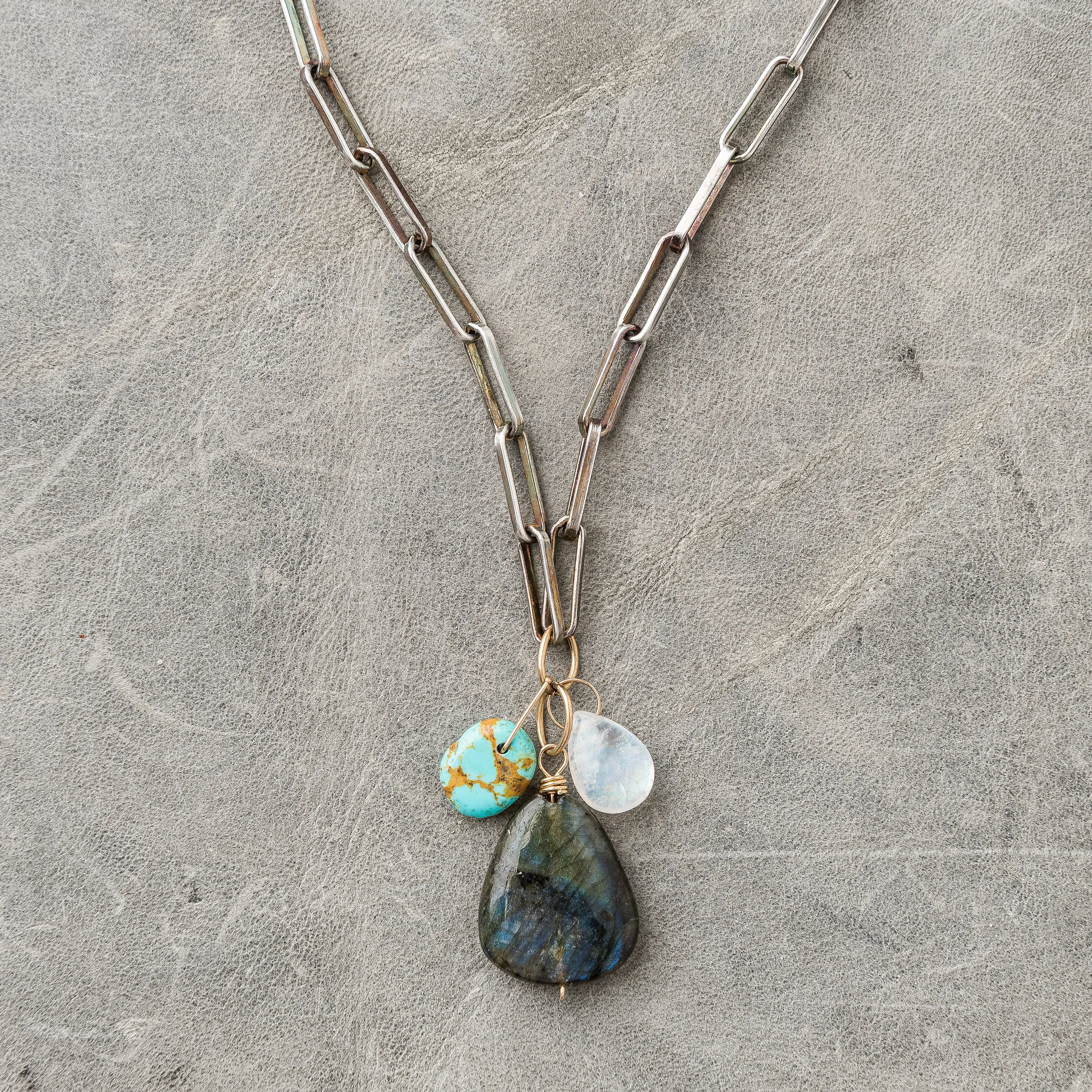 Labradorite Cluster Necklace on Modern Paperclip Chain
