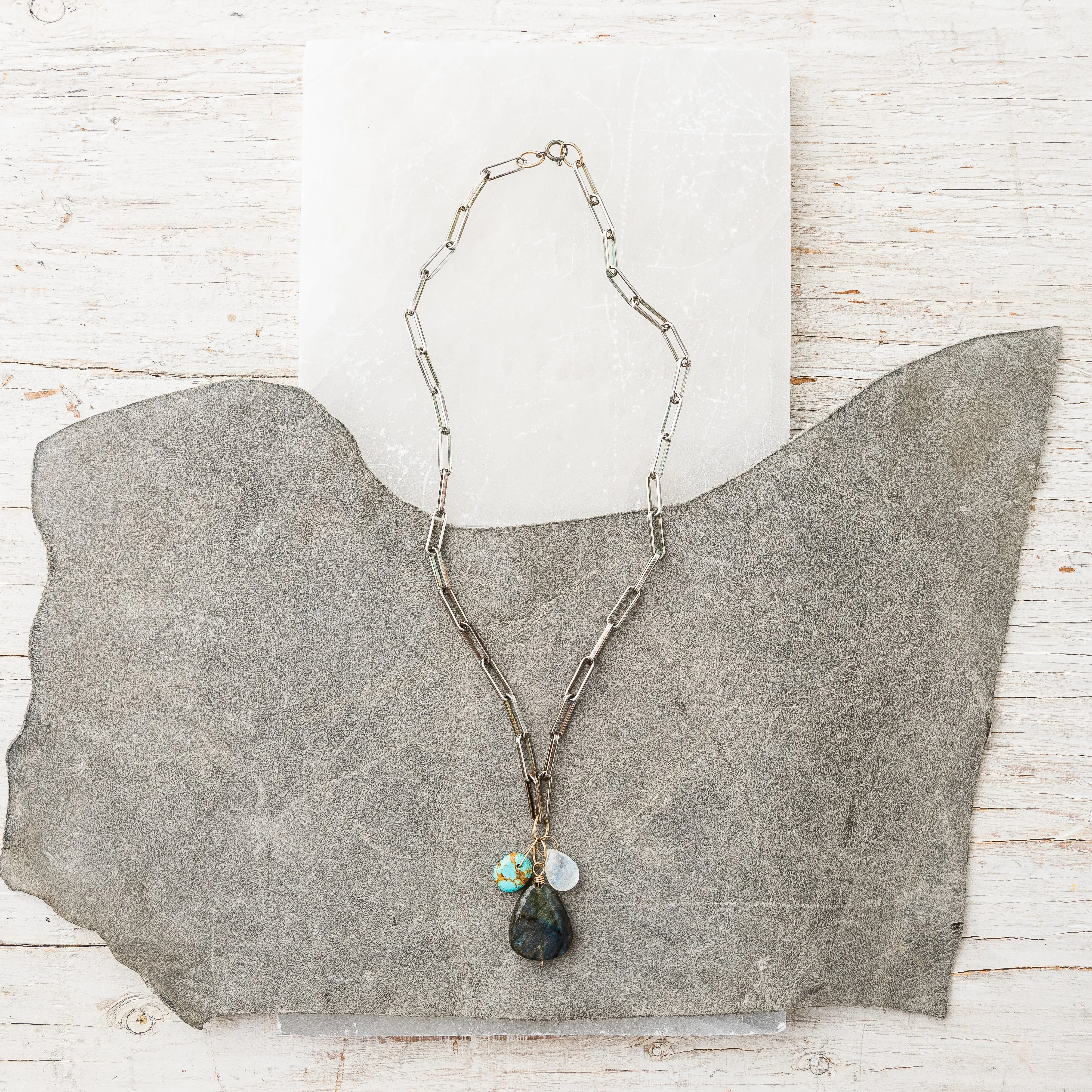 Labradorite Cluster Necklace on Modern Paperclip Chain