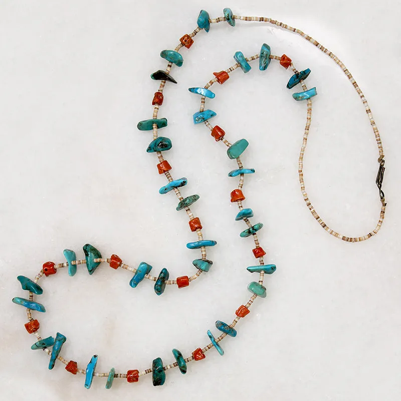 Long Turquoise, Coral & Heishi Bead Necklace